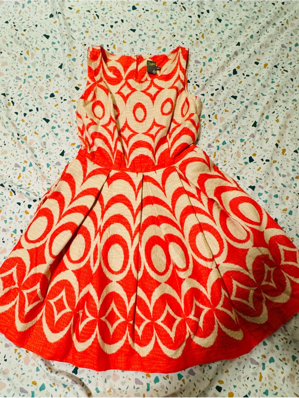 NWOT Taylor Orange Beige Geometric Jacquard Box Pleat Fit & Flare Dress